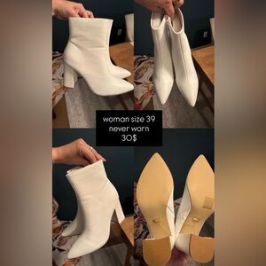 White Pointed Toe Block Heel Ankle Boots - Women